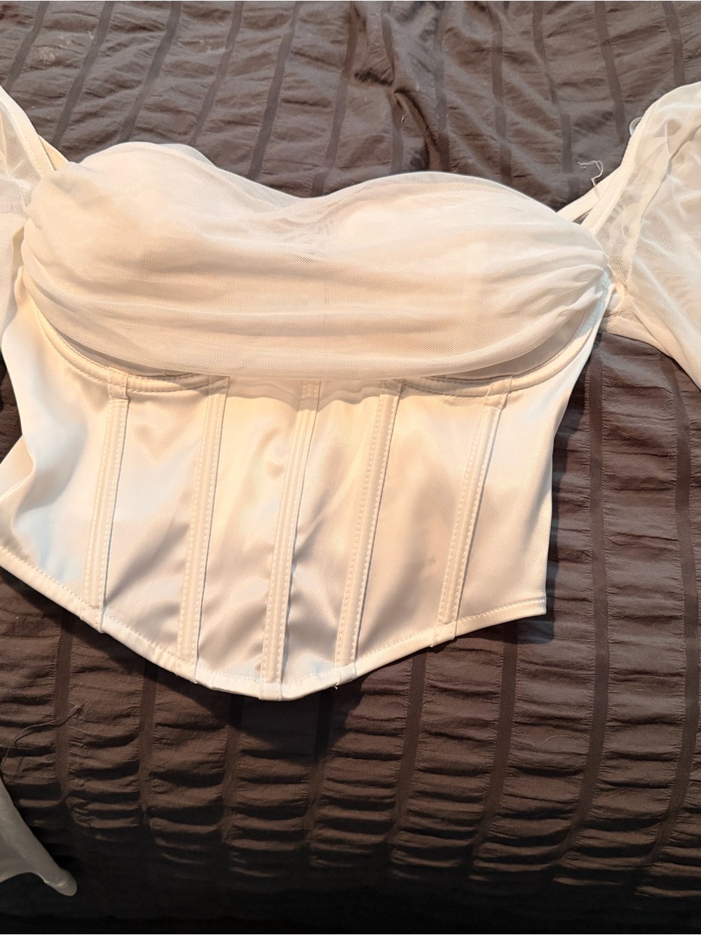 Windsor White Off-Shoulder Corset Top with Mesh Overlay